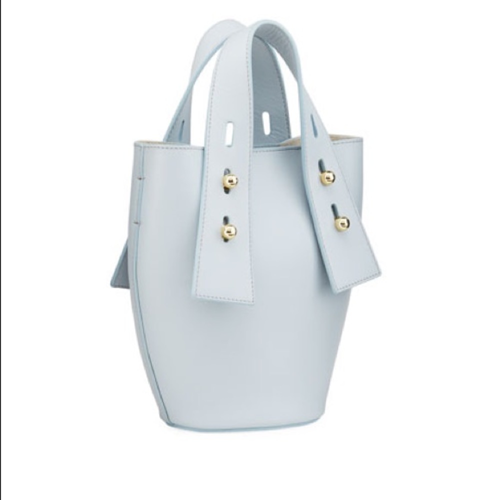 Frame mini vase bucket bag with crossbody strap in “ciel” light blue color